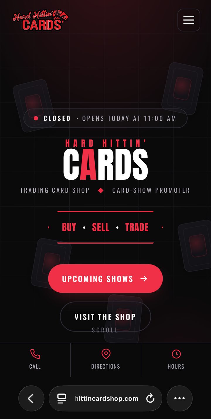 Hard Hittin Card Shop website shown on a mobile phone