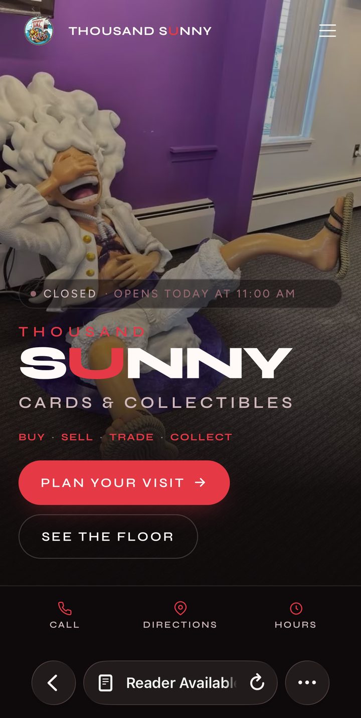 Thousand Sunny Cards and Collectibles website shown on a mobile phone